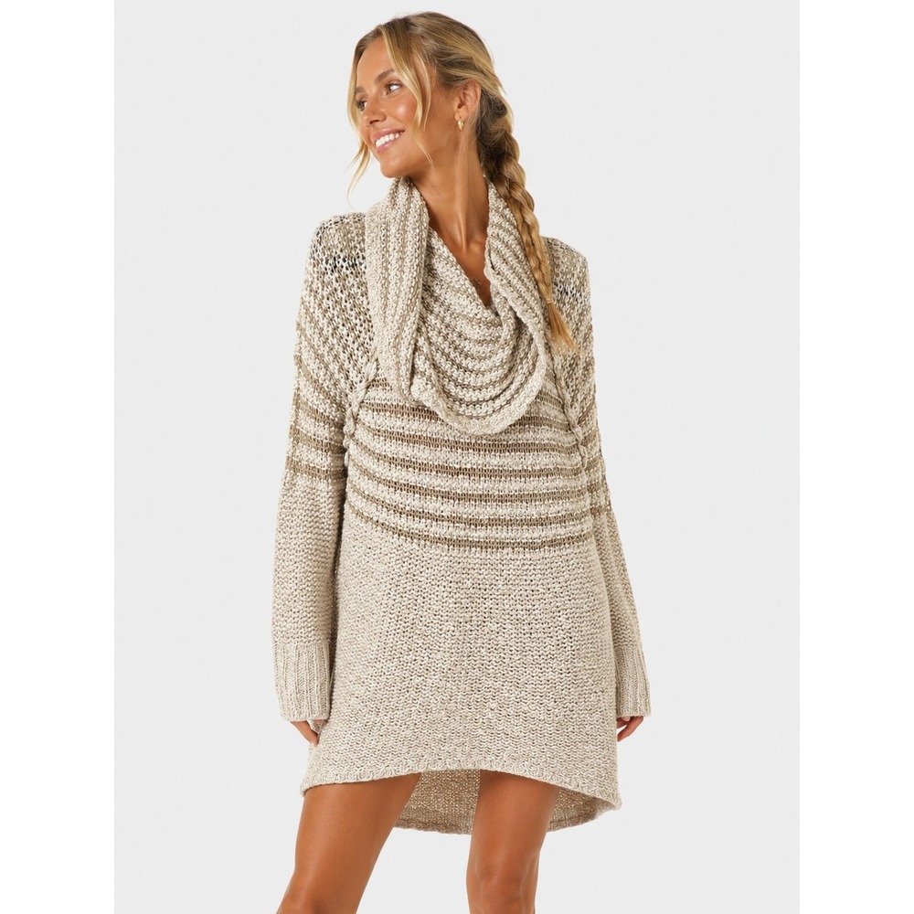 Umgee Anthropologie Cowl Neck Striped Oversized Knit Sweater Tunic Cream Beige M